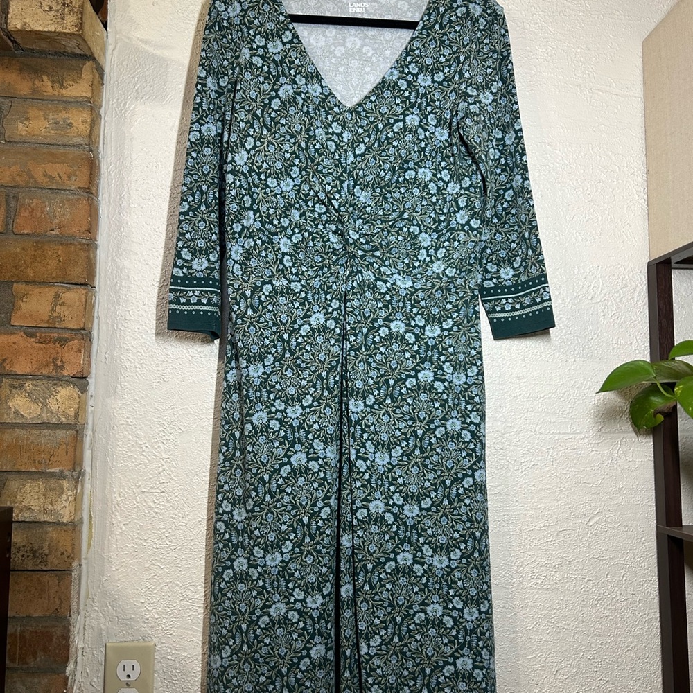 Lands' End Green Floral V-Neck Long Sleeve Maxi Dress